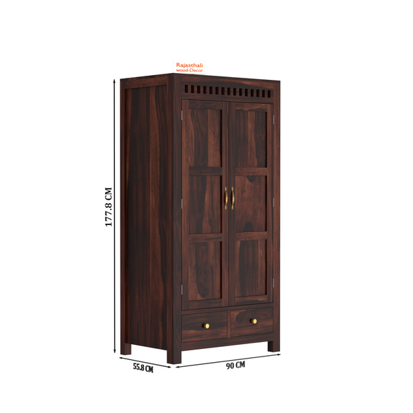 Wooden Two Door and Two Drawer Sheesham Wood Almirah Wardrobe for Bedroom in Honey oak and Dark Color with Natural and Walnut Finish - Rajasthali Furniture 