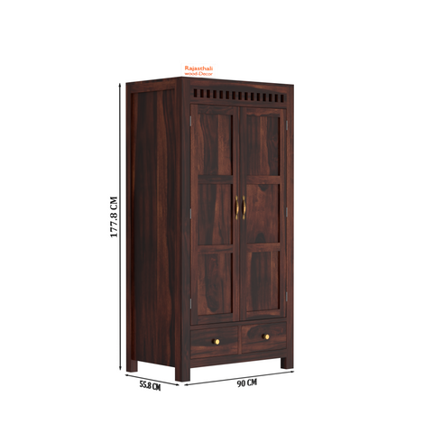 Wooden Two Door and Two Drawer Sheesham Wood Almirah Wardrobe for Bedroom in Honey oak and Dark Color with Natural and Walnut Finish