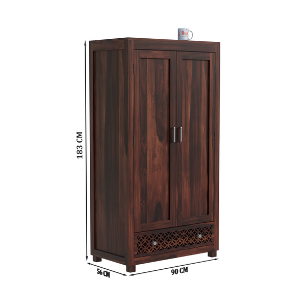 Solid Wood Wardrobe with Double Doors, Decorative Lattice Panel, Natural Honey Oak Finish - Rajasthali Furniture 