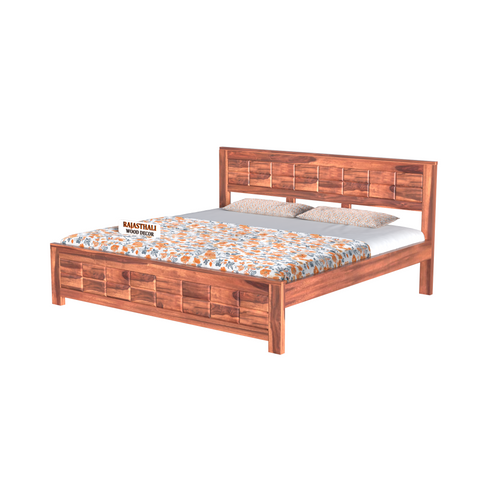 Solid Sheesham Wood King Size Bed with Headboard and Without Storage, Natural Finish