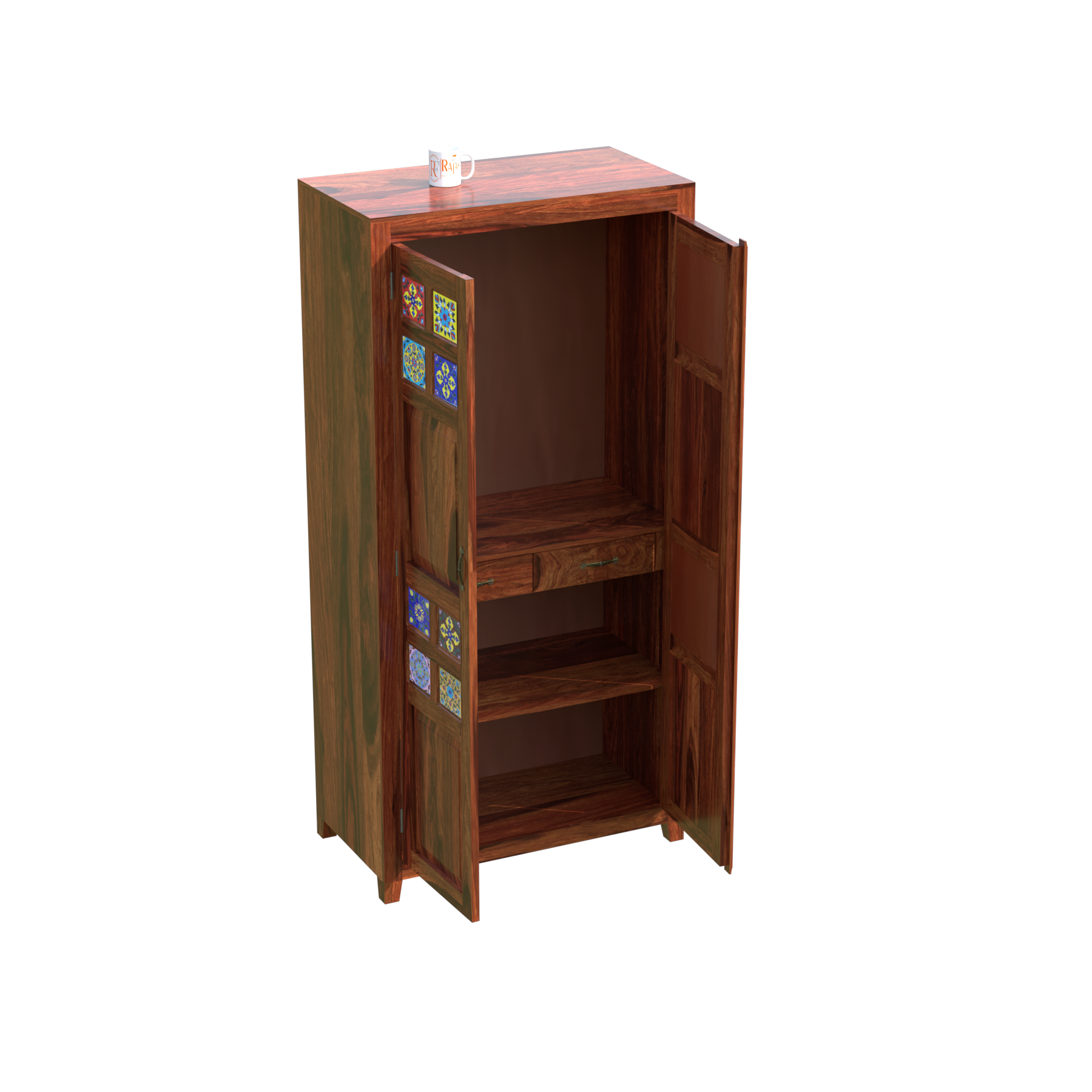 Solid Wood Ceramic Tile Floor Mounted Wardrobe/Almirah in Natural Finish - Rajasthali Furniture 