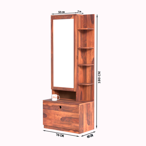 Solid Sheesham Wood Dressing Table, Organizer Makeup Vanity with Mirror Storage Shelves for Bedroom