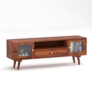 Sheesham Wood TV Unit with Mosaic Carved Doors | Solid Wood TV Console | Glass