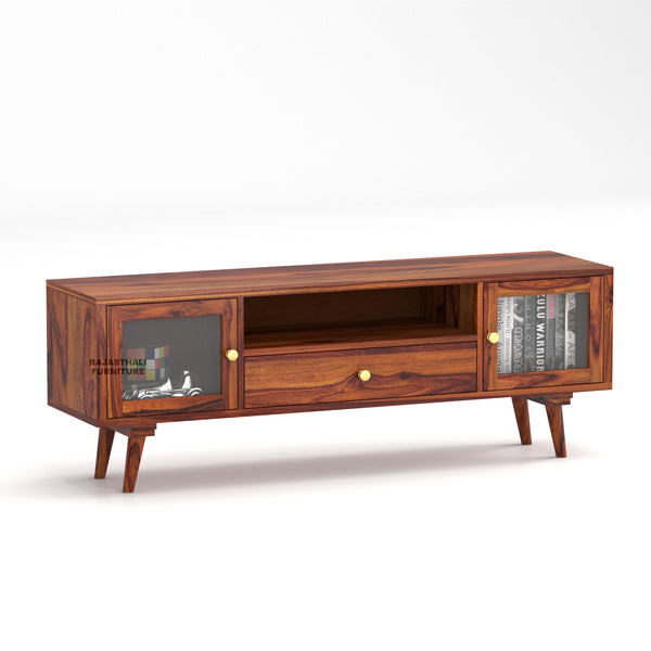 Sheesham Wood TV Unit with Mosaic Carved Doors | Solid Wood TV Console | Glass