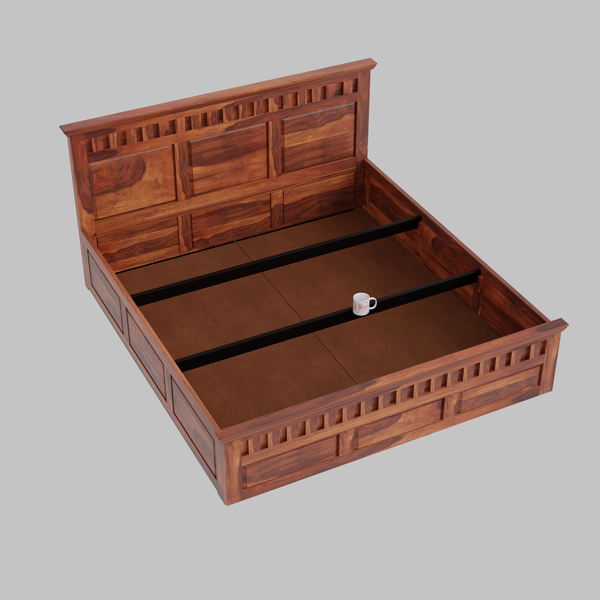 Malen Solid Wood Double Bed with Box Storage in Honey Oak Finish - Rajasthali Furniture 