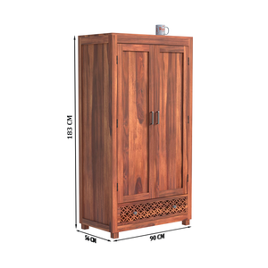 Solid Wood Wardrobe with Double Doors, Decorative Lattice Panel, Natural Honey Oak Finish - Rajasthali Furniture 