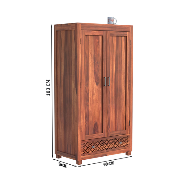 Solid Wood Wardrobe with Double Doors, Decorative Lattice Panel, Natural Honey Oak Finish - Rajasthali Furniture 