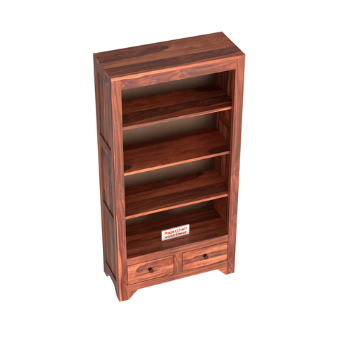 Wooden  Two Drawer 3 Shelves book shelf cum display cabinet in Honey Oak Color with Natural Finish