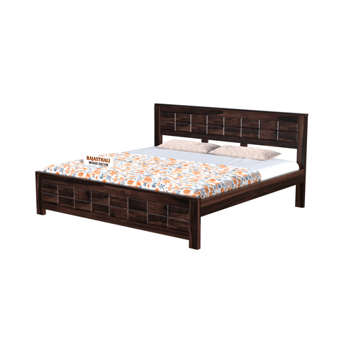 Solid Sheesham Wood King Size Bed with Headboard and Without Storage, Walnut Finish