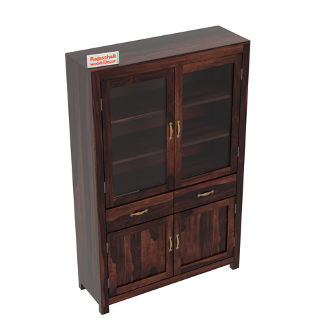 Bened Wooden Glass and Wooden Door Cabinet with two Drawer for Study and kitchen room in Natural and Walnut Finish