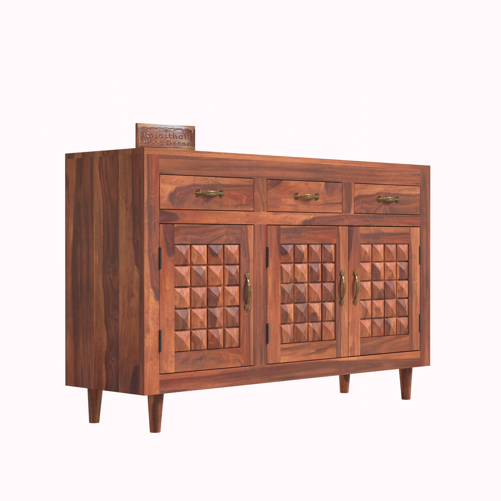 Wooden Sideboard Storage Cabinet with 3 Drawers and 3 Doors Storage Wooden Cabinet for Living Room in Natural Finish - Rajasthali Furniture 