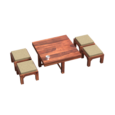 Kerry Wooden Center Table cum Coffee Table with four Stool with upholstery in Natural and walnutFinish 35"