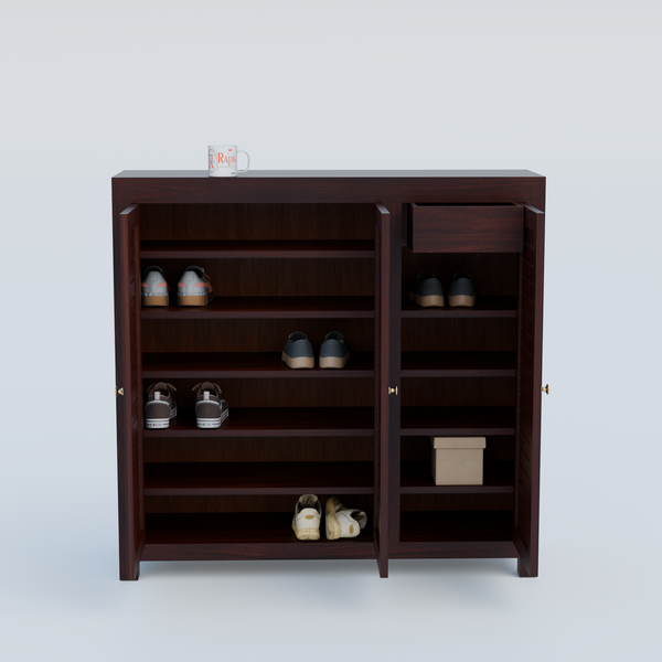 Haze Solid Wood Three Door One Drawer Shoe Rack in Honey Oak Finish - Rajasthali Furniture 