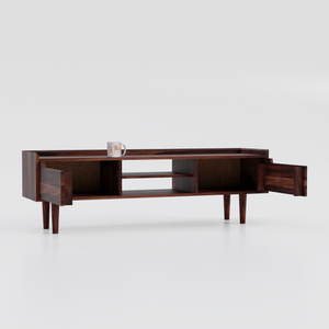 Solid Wood Two Door with one center wooden Shelf LCD cabinet with rustic legs in honey oak finish - Rajasthali Furniture 