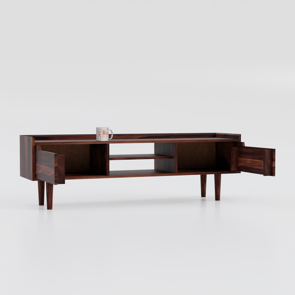 Solid Wood Two Door with one center wooden Shelf LCD cabinet with rustic legs in honey oak finish - Rajasthali Furniture 