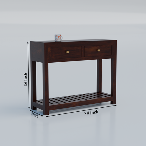 Solid Wood Two Drawer Console Unit with Table Top for Your Bedroom, Wooden Console for Bathroom in Natural Finish