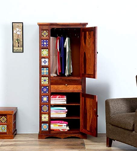 Solid Sheesam Wood Wardrobe, Almirah for Storage, Sturdy Wardrobe, Kitchen Cupboard, Foldable Storage Organizer, Closet for Living Room, Laundry Room - Honey Oak Finish