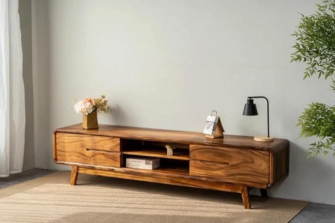Wooden Entertainment Tv Unit for Living Room | Tv Stand/Tv Cabinet with 2 Door, 2 Open Shelf Storage | Sheesham Wood Media Console Tv Cabinet for Drawing Room | Natural Finish