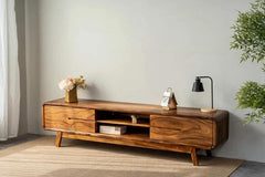 Wooden Entertainment Tv Unit for Living Room | Tv Stand/Tv Cabinet with 2 Door, 2 Open Shelf Storage | Sheesham Wood Media Console Tv Cabinet for Drawing Room | Natural Finish - Rajasthali Furniture 