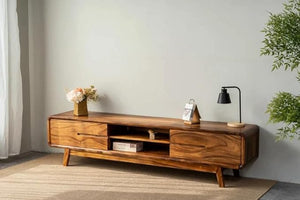 Wooden Entertainment Tv Unit for Living Room | Tv Stand/Tv Cabinet with 2 Door, 2 Open Shelf Storage | Sheesham Wood Media Console Tv Cabinet for Drawing Room | Natural Finish