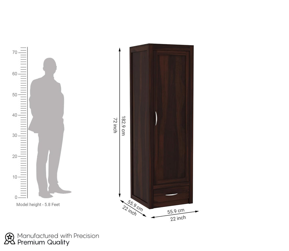 Single Door Wardrobe with 1 Drawers & 4 Shelf Storage Solid Sheesham Wood – Exquisite Wooden Classic Almirah for Clothes in Your Bedroom - Rajasthali Furniture 