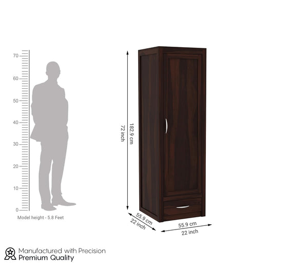 Single Door Wardrobe with 1 Drawers & 4 Shelf Storage Solid Sheesham Wood – Exquisite Wooden Classic Almirah for Clothes in Your Bedroom - Rajasthali Furniture 