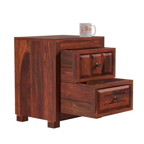 Kart Sheesham Wood Floor Mounted Bed Side Table/Nightstand in Honey Oak Finish - Rajasthali Furniture 