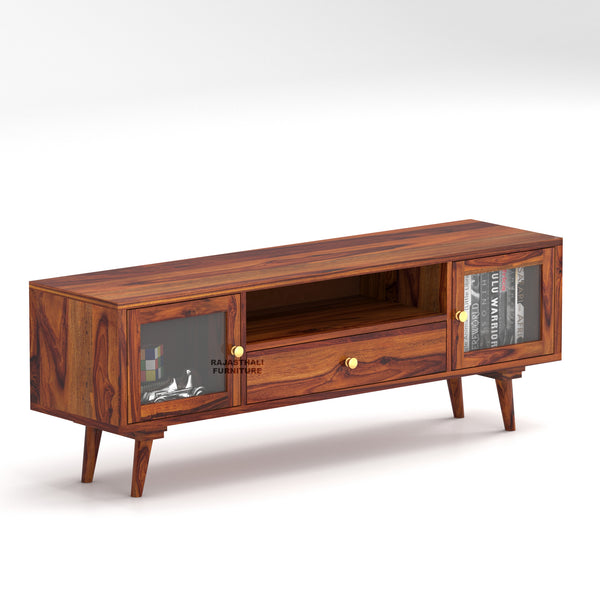 Sheesham Wood TV Unit with Mosaic Carved Doors | Solid Wood TV Console | Glass
