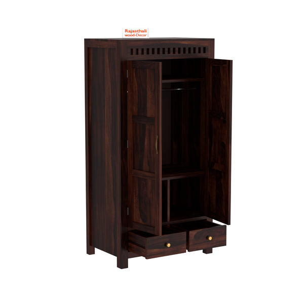 Wooden Two Door and Two Drawer Sheesham Wood Almirah Wardrobe for Bedroom in Honey oak and Dark Color with Natural and Walnut Finish - Rajasthali Furniture 