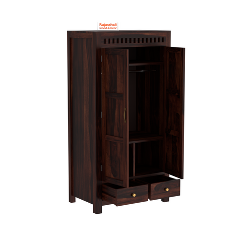 Wooden Two Door and Two Drawer Sheesham Wood Almirah Wardrobe for Bedroom in Honey oak and Dark Color with Natural and Walnut Finish