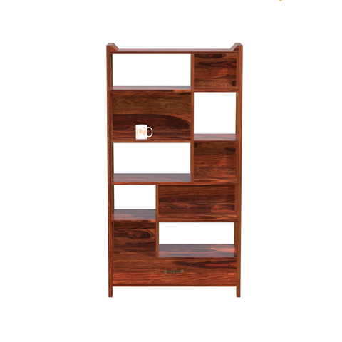 Solid Sheesham Wood Taper Bookshelf with one Large Size drawer in Natural Finish - Rajasthali Furniture 