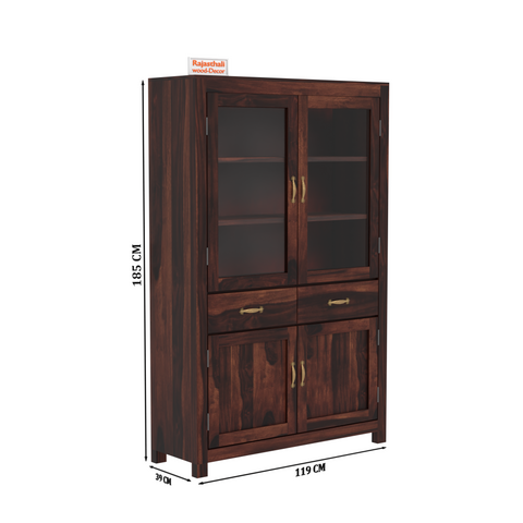 Bened Wooden Glass and Wooden Door Cabinet with two Drawer for Study and kitchen room in Natural and Walnut Finish