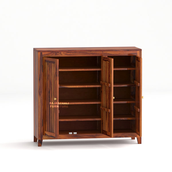 Rajasthali Furniture Solid Sheesham Wood Shoe Cabinet | 3-Door Wooden Shoe Rack with Storage | Entryway Organizer | Natural Finish |