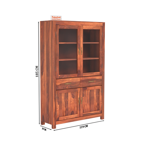 Bened Wooden Glass and Wooden Door Cabinet with two Drawer for Study and kitchen room in Natural and Walnut Finish