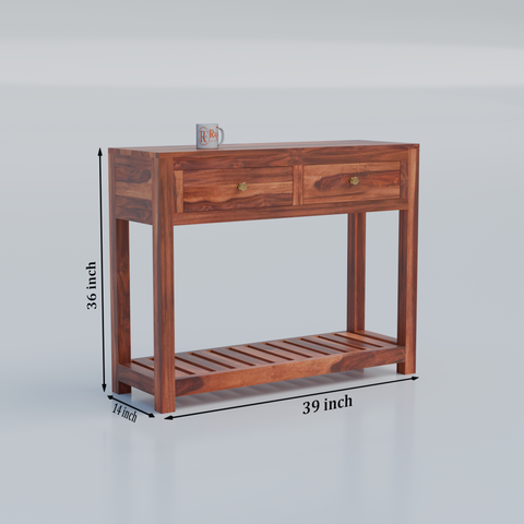 Solid Wood Two Drawer Console Unit with Table Top for Your Bedroom, Wooden Console for Bathroom in Natural Finish