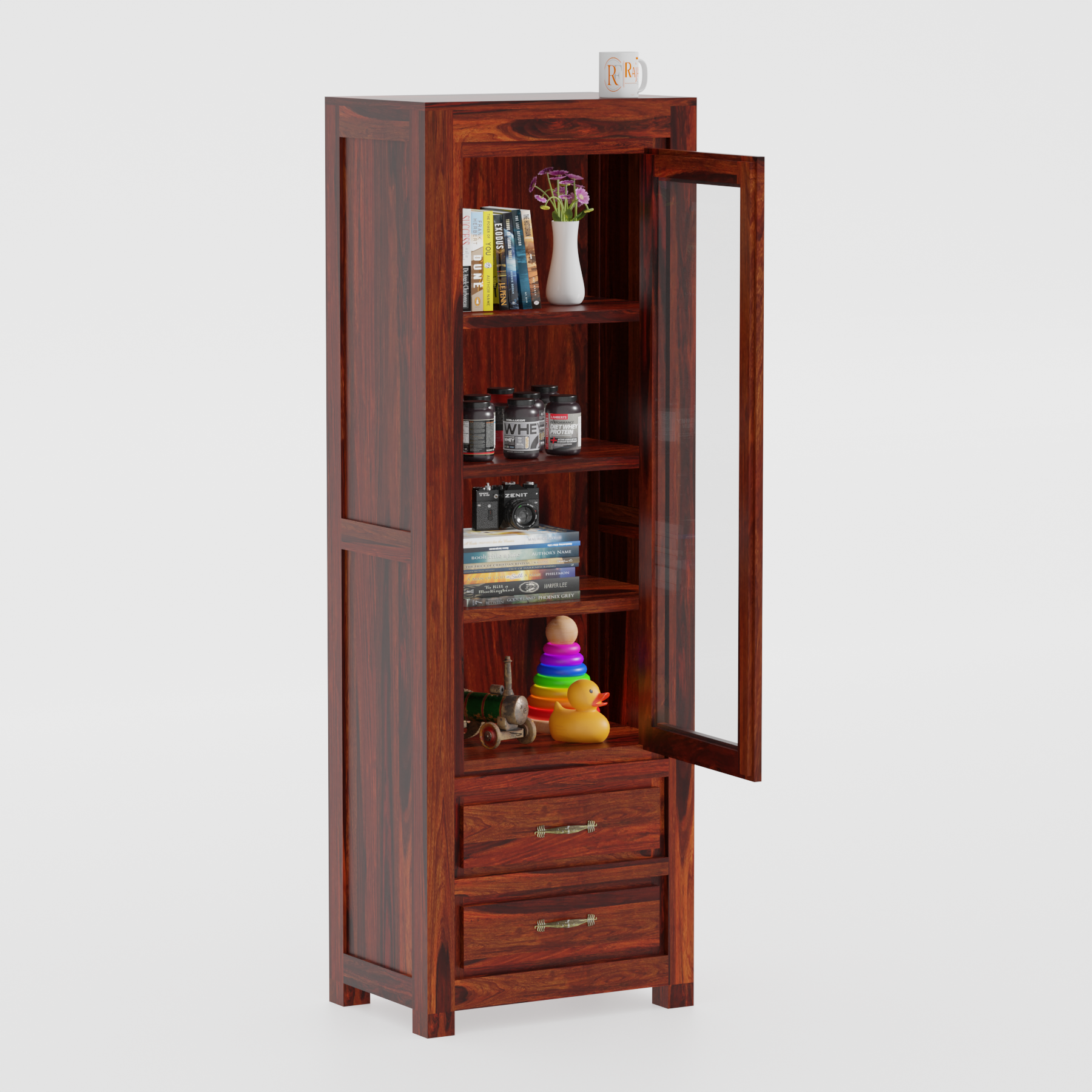 Brokloff Solid Wood Floor Mounted Glass Cabinet in Honey oak Finish - Rajasthali Furniture 