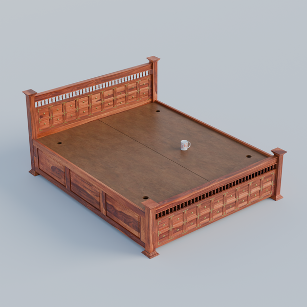 Solid Wood Queen Size Double with Brass LT Plus Design in Honey Oak and Walnut Color - Rajasthali Furniture 