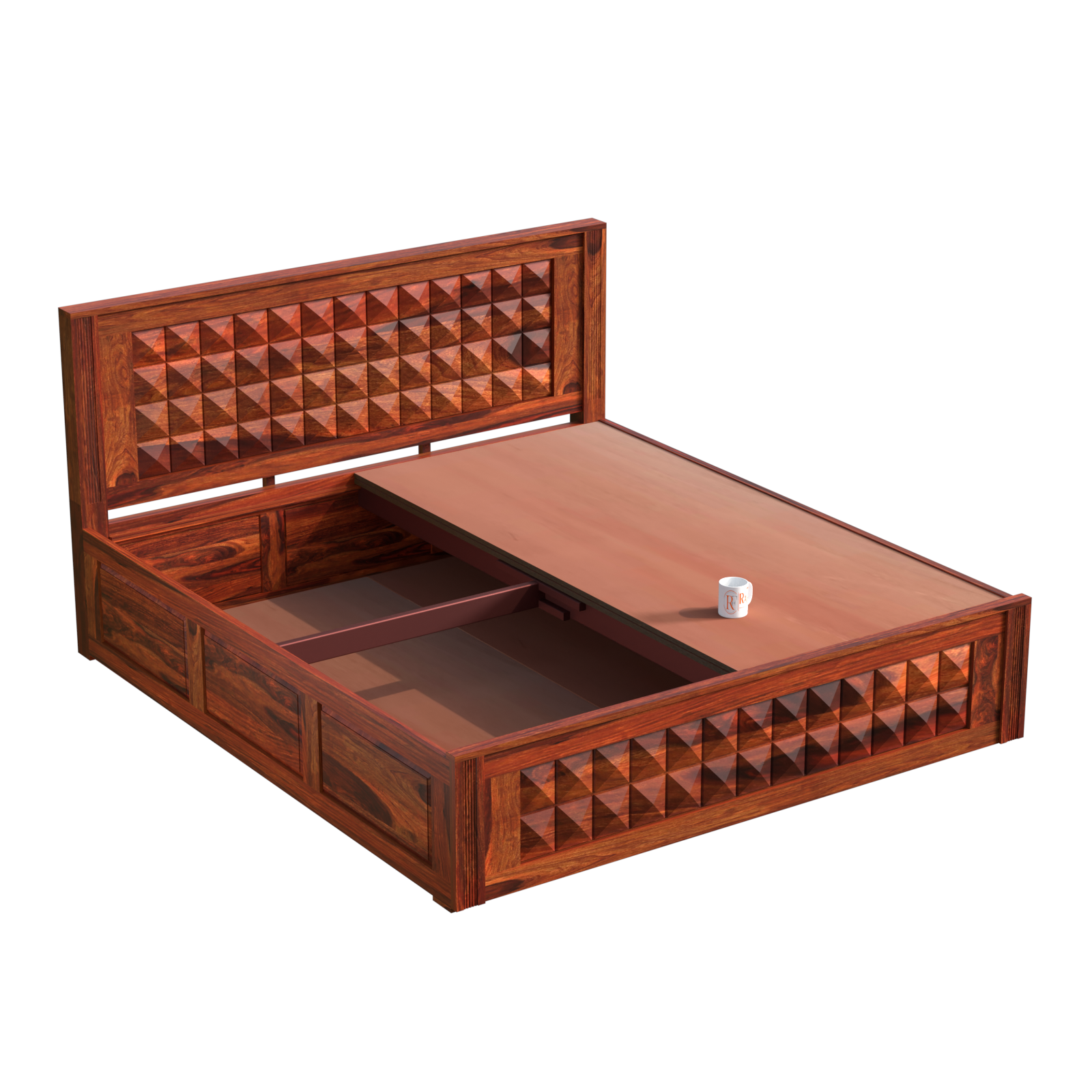 Vrij Solid Wood Double Queen Size Bed with Box Storage in Honey Oak Finish - Rajasthali Furniture 