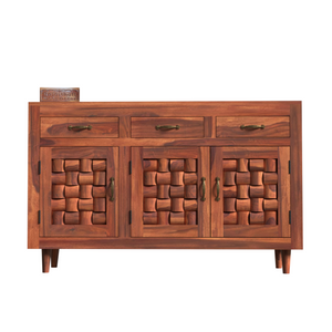 Wooden Sideboard Storage Cabinet with 3 Drawers and 3 Doors Storage Wooden Cabinet for Living Room in Natural Finish - Rajasthali Furniture 