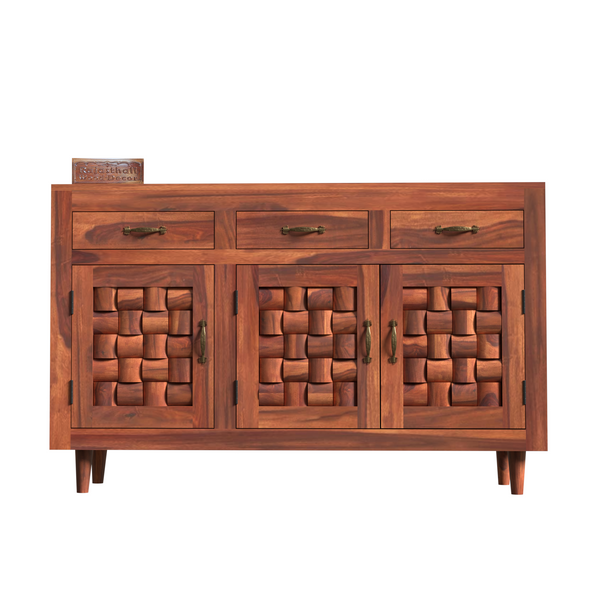 Wooden Sideboard Storage Cabinet with 3 Drawers and 3 Doors Storage Wooden Cabinet for Living Room in Natural Finish - Rajasthali Furniture 