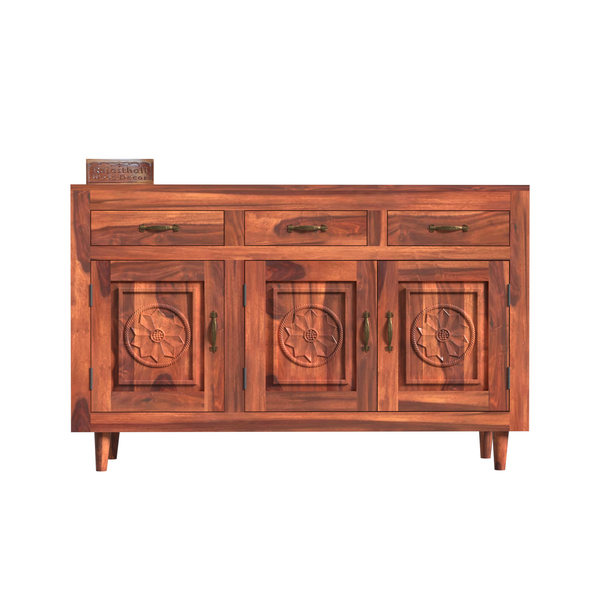 Wooden Sideboard Storage Cabinet with 3 Drawers and 3 Doors Storage Wooden Cabinet for Living Room in Natural Finish - Rajasthali Furniture 