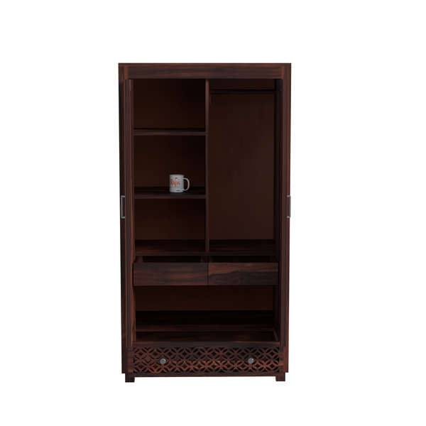 Solid Wood Wardrobe with Double Doors, Decorative Lattice Panel, Natural Honey Oak Finish - Rajasthali Furniture 