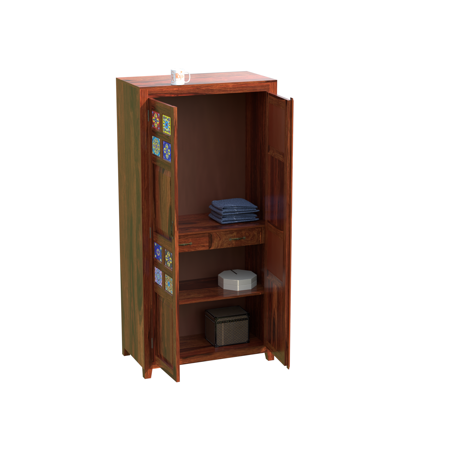 Solid Wood Ceramic Tile Floor Mounted Wardrobe/Almirah in Natural Finish - Rajasthali Furniture 