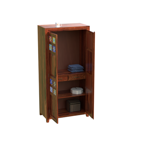 Solid Wood Ceramic Tile Floor Mounted Wardrobe/Almirah in Natural Finish - Rajasthali Furniture 