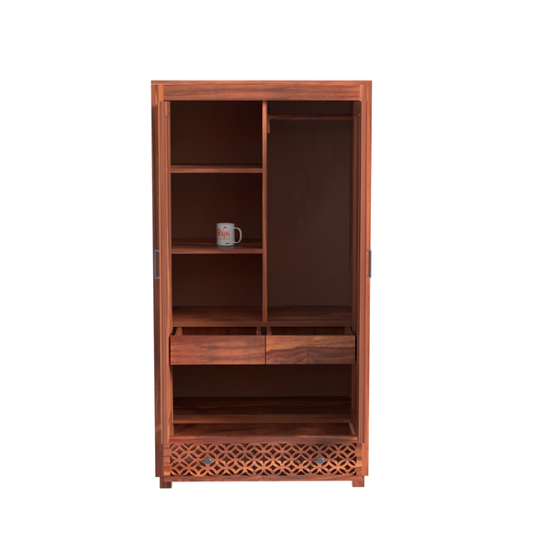 Solid Wood Wardrobe with Double Doors, Decorative Lattice Panel, Natural Honey Oak Finish - Rajasthali Furniture 