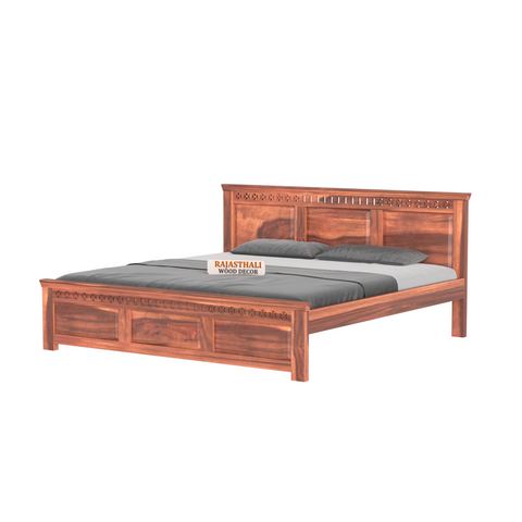 Solid Sheesham Wood King Size Bed with Headboard and Without Storage, Natural Finish