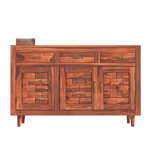 Wooden Sideboard Storage Cabinet with 3 Drawers and 3 Doors Storage Wooden Cabinet for Living Room in Natural Finish - Rajasthali Furniture 
