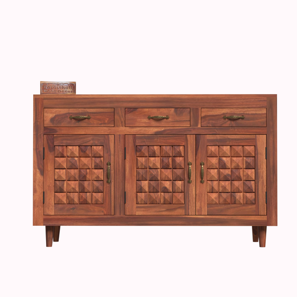 Wooden Sideboard Storage Cabinet with 3 Drawers and 3 Doors Storage Wooden Cabinet for Living Room in Natural Finish - Rajasthali Furniture 