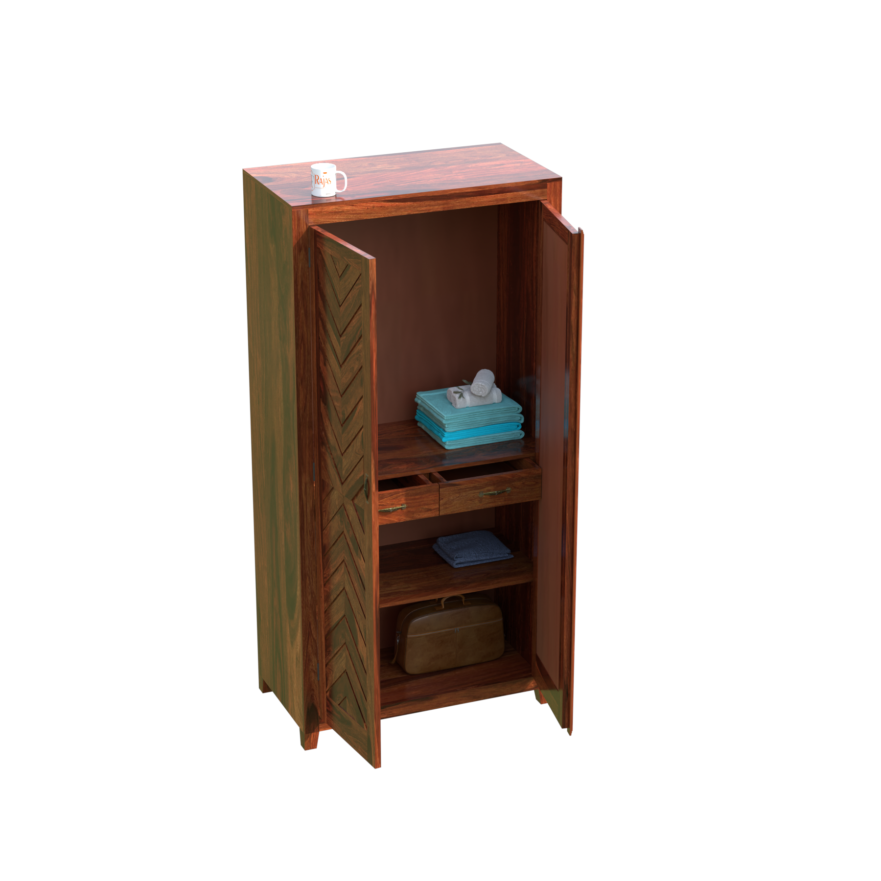 Solid Wood V Design Floor Mounted Wardrobe/ Almirah in Natural Finish - Rajasthali Furniture 