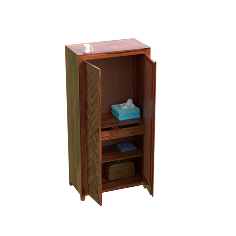 Solid Wood V Design Floor Mounted Wardrobe/ Almirah in Natural Finish - Rajasthali Furniture 